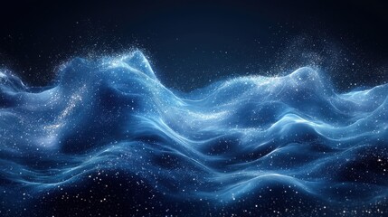 A tranquil view of luminous blue waves shimmering with light against a dark backdrop at night