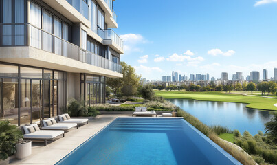 A modern villa with an infinity pool, overlooking the golf course and trees, showcasing clean lines, white walls, large windows, concrete accents, greenery on one side of the swimming pool
