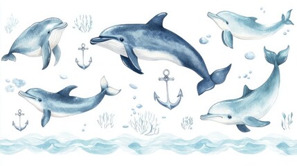 Fototapeta premium Watercolor Illustration of Playful Dolphins and Nautical Elements in Ocean-Themed Design