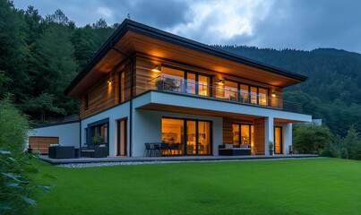 Fototapeta premium A modern two-story house with horizontal wood cladding, white walls, and large windows stands on the green grass near a forest. The building is illuminated by natural light from behind