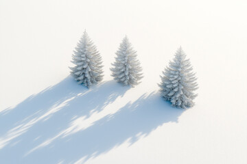 Obraz premium A minimalist aerial view of snow-covered pine trees on the right side, casting long shadows in a pristine white winter landscape
