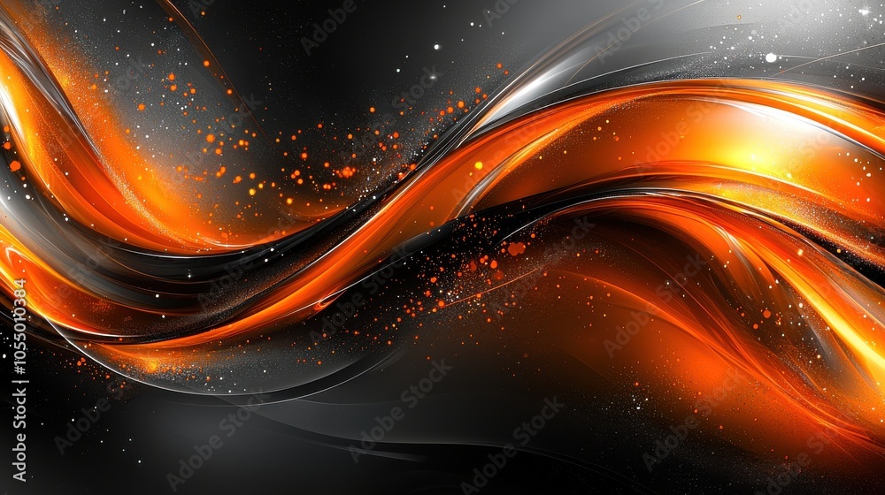 Poster dynamic wave of orange and black swirls creating a vibrant abstract design with sparks and depth for