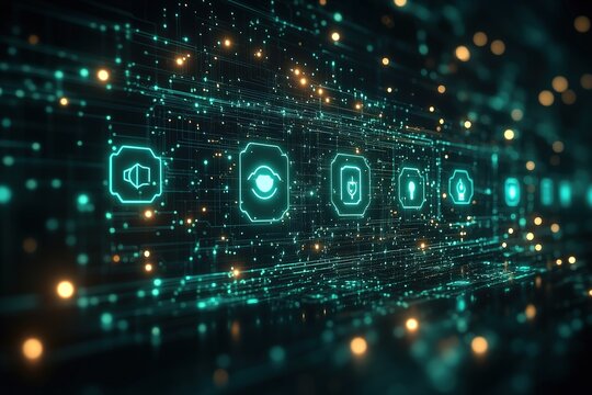 Abstract digital network with glowing icons representing various technologies.