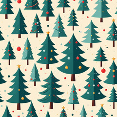 Fototapeta premium A pattern of green trees with red and gold ornaments.