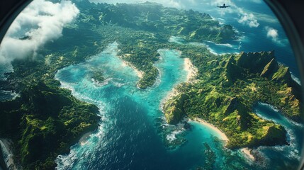 Fototapeta premium Aerial view of a lush, tropical landscape with coastlines and vibrant blue waters.