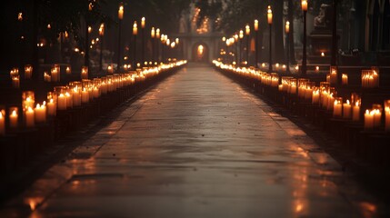 Fototapeta premium A serene pathway lined with flickering candles, creating a warm and tranquil atmosphere in a dimly lit environment.