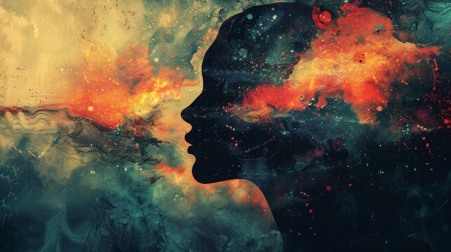 Cosmic Silhouette Abstract Portrait with Nebula and Stars