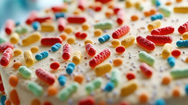 Detailed close up of bacteria colonies rapidly multiplying on a cake left uncovered in a warm kitchen environment with a shallow depth of field blurring the background