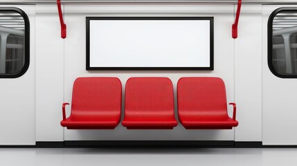 A clean subway interior featuring three bright red seats and a blank advertising space on a white wall.