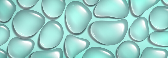 Transparent water or gel droplets pattern on turquoise background. Realistic 3d vector illustration of raindrop or oil bubbles texture. Clean aqua tear and puddle on smooth glass or window surface.