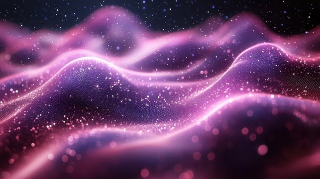 A vibrant abstract portrayal of waves illuminated by stars, showcasing colors of purple and pink in a cosmic atmosphere