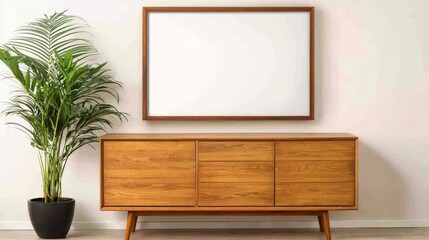 A modern wooden cabinet with a large mirror above it and a potted plant nearby, creating a stylish and minimalistic interior design.