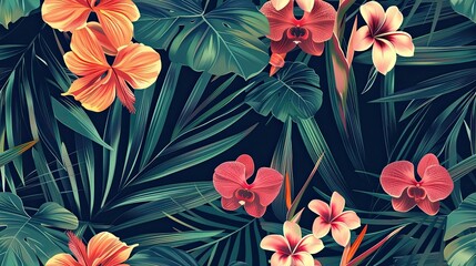 Fototapeta premium Tropical floral seamless pattern background with exotic flowers, palm leaves