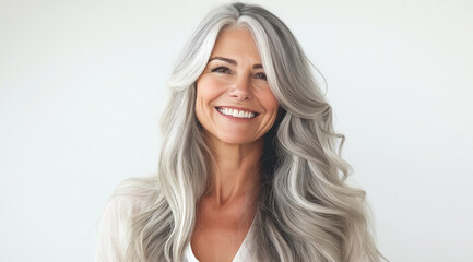 Naklejka premium Portrait of an elegant senior woman with flowing gray hair, smiling warmly in soft, natural light, embodying timeless beauty and confidence against a simple background