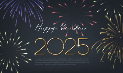 2025 Happy new year banner with golden numbers and fireworks. Vector illustration