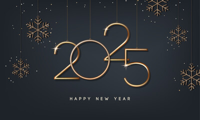 2025 Happy new year banner with hanging golden numbers and snowflakes. Vector illustration