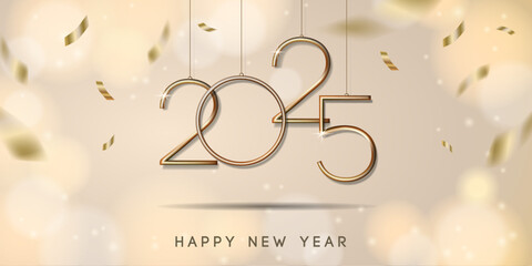 2025 Happy new year banner with hanging golden numbers and confetti. Vector illustration