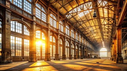 A sunbeam illuminates the vast interior of a dilapidated industrial building with large arched windows and a rusted metal frame, casting long shadows on the dusty concrete floor.