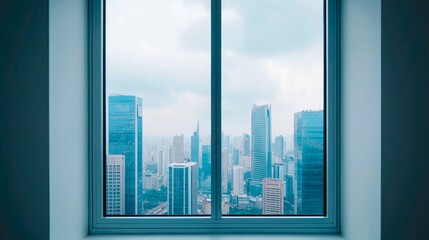 A modern city skyline viewed through a large window, showcasing tall buildings under a cloudy sky.