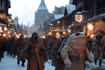 Obraz premium A fantastical parade sets the scene with strange, cloaked creatures and an anthropomorphic toad walking through a snowy village, creating a surreal and magical atmosphere.