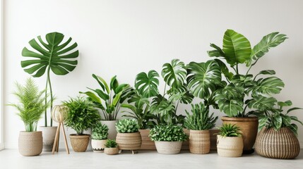 Fototapeta premium A serene display of various indoor plants in decorative pots, enhancing the natural beauty of the space.