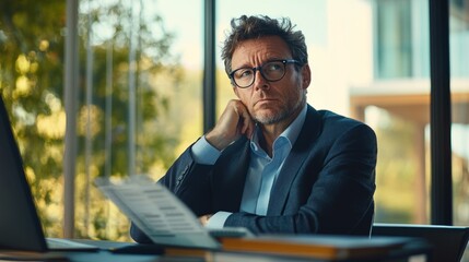 A man in a suit is sitting at a desk with a stack of papers in front of him