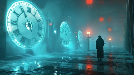 Fototapeta premium Futuristic Clock Tower Hallway with Man Walking in Blue and Red Light