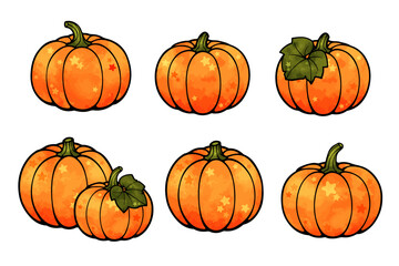 ポップな水彩風のオレンジ色のかぼちゃイラストセット
