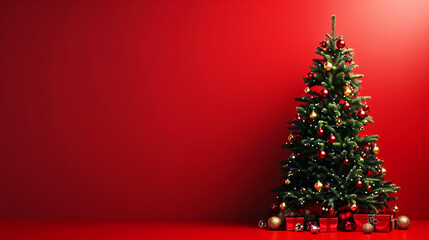 A red background with a christmas tree and a sign that says merry christmas