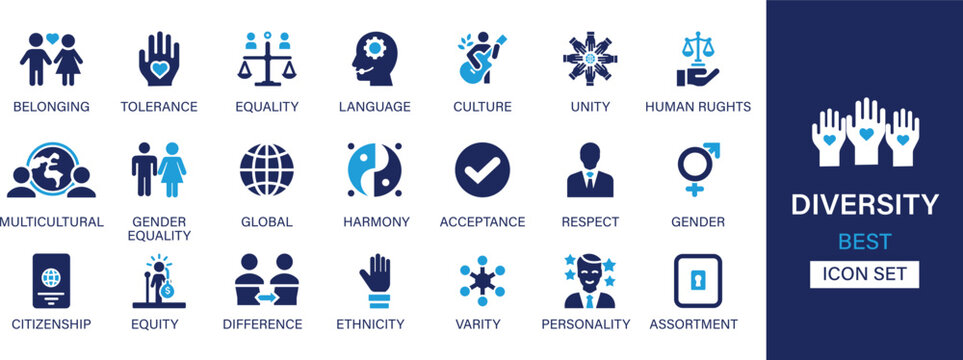 Diversity best solid icon set collection. Belonging, tolerance, equality, language, culture, unity, gender equality, global, harmony, gender and vector illustration. 