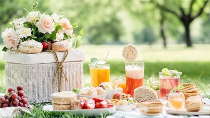 Beautiful Picnic Scene in Lush Greenery with Treats