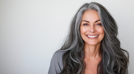 Naklejka premium Portrait of an elegant senior woman with flowing gray hair, smiling warmly in soft, natural light, embodying timeless beauty and confidence against a simple background