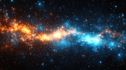 Naklejka premium A vibrant cosmic landscape with stars and nebulas glowing in blue and orange colors against a dark space backdrop