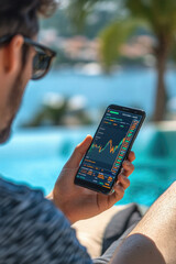 A man is sitting by a pool and looking at his phone. He is holding a cell phone in his hand and he is focused on the screen