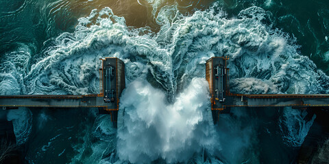 Fototapeta premium Powerful Water Flow from Dam, Water Release at Hydroelectric Dam