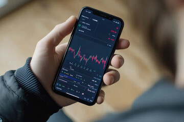A person is holding a cell phone that is displaying a graph. The graph shows a downward trend, which could indicate a decrease in value or a negative outcome