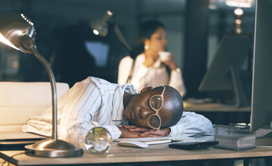 Burnout, sleeping and woman in night, employee and bored of assignment, tired and overworked in...