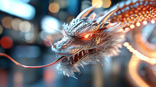 Illuminated dragon hologram performance in a neon-lit festival atmosphere captivating audiences in urban streets