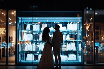 A silhouetted couple in wedding attire stands before a luxurious store display at night, capturing a romantic and elegant moment symbolizing love and union.
