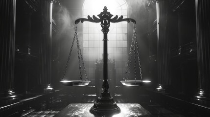 Naklejka premium Scales of Justice in Dramatic Courtroom Setting