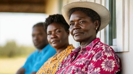 Naklejka premium A family sitting together on the porch of their new country home taking in the serene surroundings and reflecting on the events of the day in a peaceful nostalgic setting amidst the rural landscape