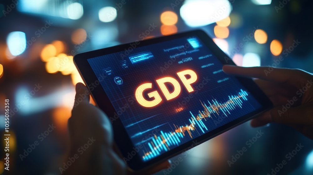 Poster hands holding a tablet with bold gdp display surrounded by dynamic data visuals