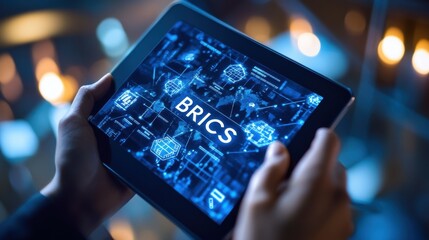 Hands Holding a Tablet Displaying BRICS with a Futuristic Digital Interface Design