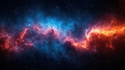 A vibrant cosmic nebula filled with swirling blue and orange gases against a backdrop of countless stars in deep space