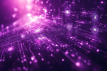 Abstract digital technology background with glowing purple lines and icons.
