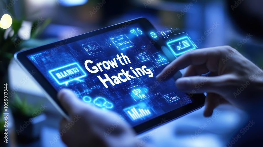 Poster hands holding tablet with growth hacking in bold with digital insights and data visualizations