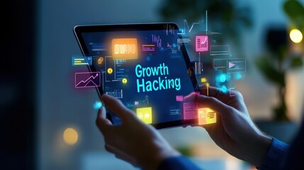 Obraz premium Innovative Hands Holding Tablet with Growth Hacking in Bold with Digital Insights