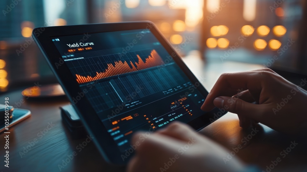Poster analyzing yield curve trends on a tablet insights into financial data visualization