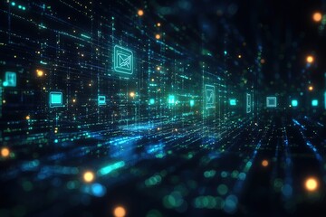 Abstract digital tunnel with glowing icons representing communication and technology.