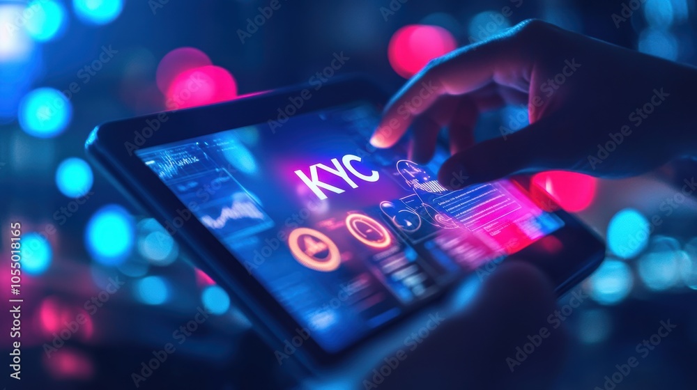 Poster hands engaged with tablet displaying clear text kyc and identity verification process